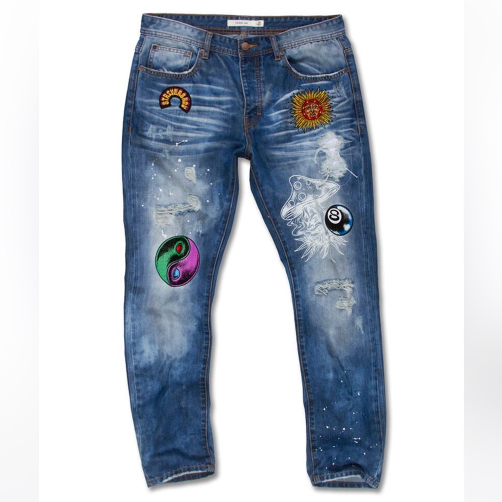 Designer Brand Strivers Row Psychedelic Style Blue Denim Stretch Mens Jeans